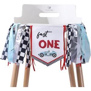 Fast One Highchair Garland - Racing First Birthday Banner, Blue & Red